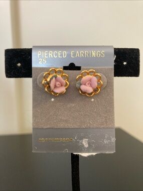 Pink Rose Floral Gold-Trim Stud Earrings - Contemporary